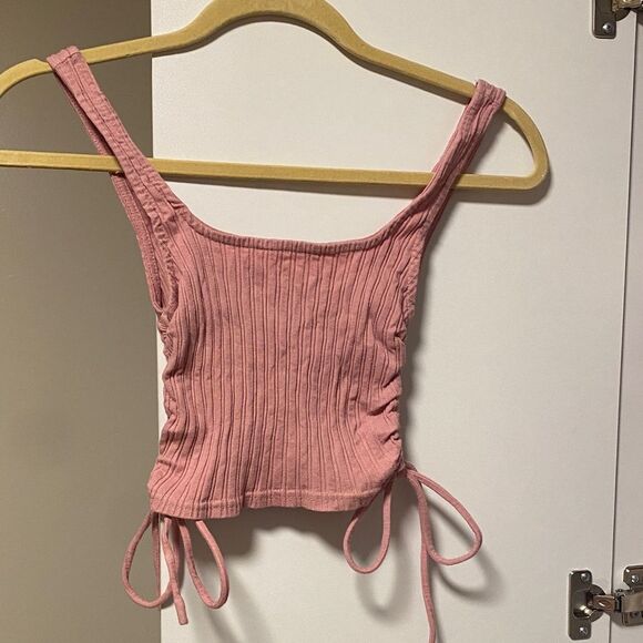 Blush Ribbed Tank Top with Side Ties Pink Bow Crop Top Going Out Top Beach Small - Picture 2 of 3